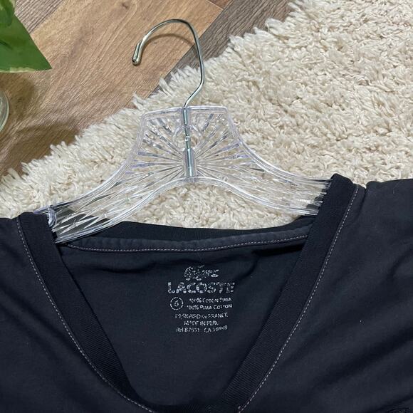 Lacoste Size 6 Oversized Black Pink V-Neck Cropped Short Sleeve Crewneck Tee - Picture 3 of 4